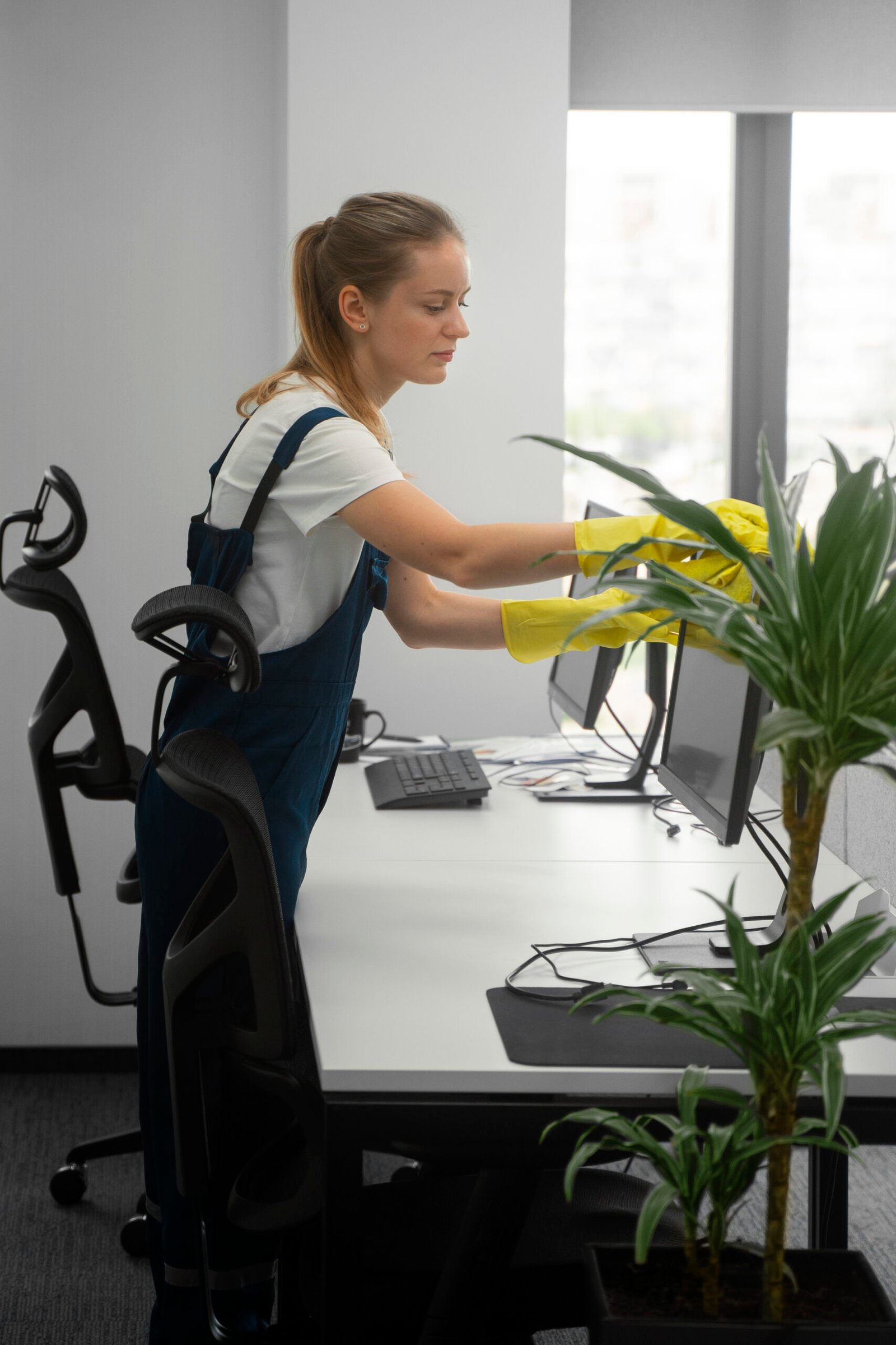 full shot woman cleaning indoors scaled